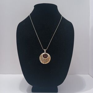 Vintage Sterling Filigree Pendant Necklace with Burgundy Accent Stone